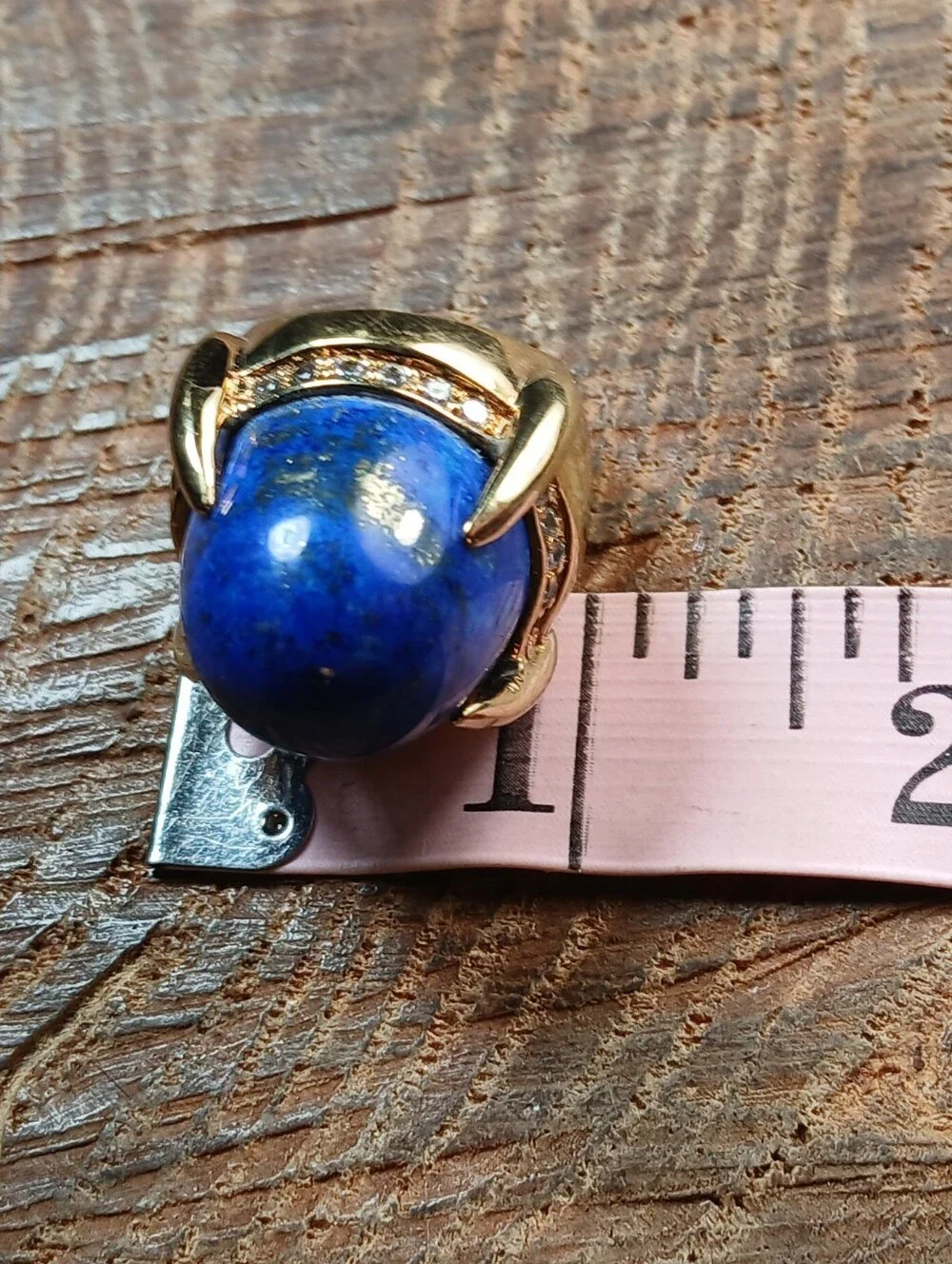Gold-Tone Lapis Lazuli Statement Ring with Pavé Accents Size 5